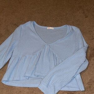 ROMWE Light Blue Textured V-Neck Peplum Long Sleeve Top